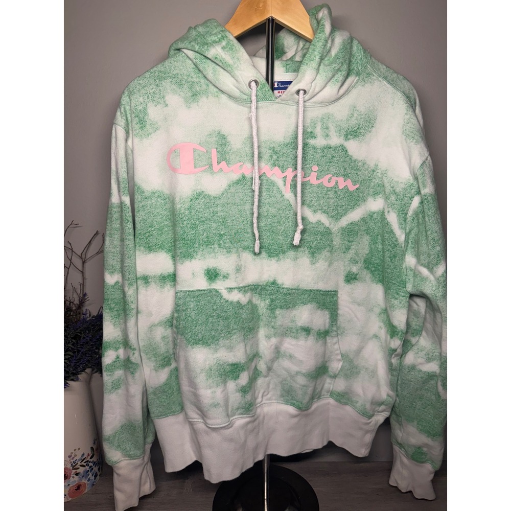 Champion Reverse Weave Hoodie Green White Tie Dye Pink Script Logo Medium